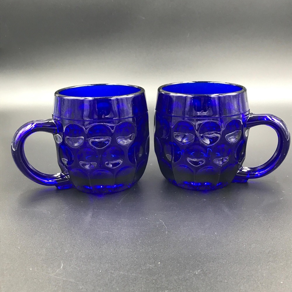 Vintage Cambridge Martinsville Cobalt Blue Glass Thumbprint Mugs 1930s Set of 2